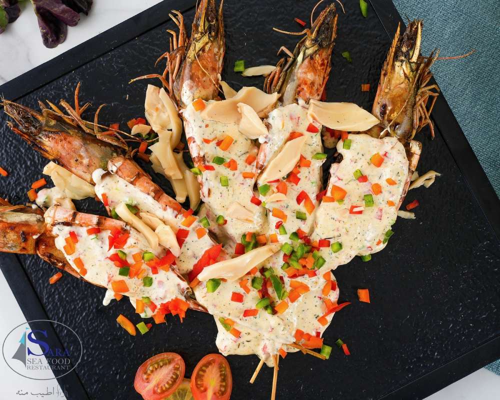 جمبري جامبو مشوي مع صوص الفطر